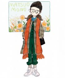 Rule 34 | 1girl, bag, beanie, black-framed eyewear, black hat, brown hair, closed mouth, coat, cross-laced footwear, expressionless, flower, full body, glasses, green overalls, hands in pockets, hat, head tilt, legs together, long hair, long sleeves, looking at viewer, low twintails, matsuo mono, mixed media, no nose, open clothes, open coat, original, outside border, overalls, pants, pants rolled up, plaid, red scarf, rounded corners, scarf, shoes, shoulder bag, signature, sneakers, solo, standing, tassel, twintails, white background, white footwear, wing collar