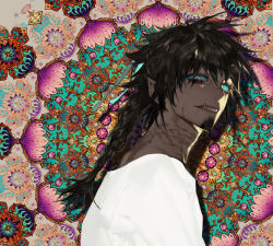 Rule 34 | 1boy, abstract background, beard, black hair, blue pupils, blue sclera, braid, colored sclera, dark-skinned male, dark skin, facial hair, from side, long hair, looking at viewer, looking to the side, original, pigeon666, pointy ears, scar, scar on neck, shirt, single braid, smile, solo, tusks, upper body, white eyes, white shirt