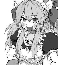 Rule 34 | 1girl, animal ear fluff, animal ears, animal hands, apron, bell, blush, bow, breasts, collar, commentary, fang, fate/grand order, fate (series), fox ears, fox girl, fox tail, greyscale, hair between eyes, hair bow, jingle bell, kusama takato, large breasts, long hair, looking at viewer, maid apron, maid headdress, monochrome, neck bell, open mouth, ponytail, short sleeves, sidelocks, simple background, solo, tail, tamamo (fate), tamamo cat (fate), tamamo cat (second ascension) (fate), tongue, upper body