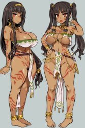 Rule 34 | 2girls, adjusting hair, angry, anklet, armlet, asanagi, bangle, barefoot, bracelet, breasts, brown hair, choker, cleavage, curvy, dark-skinned female, dark skin, earrings, facial tattoo, fang, full-body tattoo, full body, gold trim, grey background, hair ornament, hairband, hand on own hip, hip focus, hoop earrings, huge breasts, jewelry, jpeg artifacts, knife, large breasts, loincloth, long hair, looking at viewer, multiple girls, narrow waist, navel, no bra, no panties, open mouth, original, pelvic curtain, pigeon-toed, pubic tattoo, red eyes, shiny skin, sidelocks, simple background, smile, standing, tattoo, tribal, twintails, underboob, weapon, wide hips