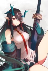 Rule 34 | 1girl, arknights, black collar, black hair, black jacket, breasts, china dress, chinese clothes, cleavage cutout, clothing cutout, collar, colored inner hair, colored skin, commentary request, cowboy shot, dragon horns, dress, dusk (arknights), ear piercing, female focus, green hair, green skin, grey background, highres, holding, holding sword, holding weapon, horns, jacket, knee up, large breasts, long hair, looking at viewer, multicolored hair, necktie, off shoulder, open clothes, open jacket, piercing, pointy ears, red eyes, red necktie, sanukiske, simple background, sitting, sleeveless, sleeveless dress, solo, streaked hair, sword, very long hair, weapon, white dress