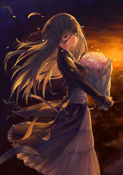 Rule 34 | 1girl, absurdres, bazooka oiran, belt, black hair, blazer, bouquet, breasts, cyborg, dress, feathers, flower, from side, highres, holding bouquet, jacket, long hair, looking at viewer, original, sleeves past wrists, solo, tears, very long hair, white dress, wind