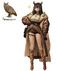 Rule 34 | 1girl, absurdres, bag, bird, boots, brown coat, brown footwear, brown hair, brown shorts, coat, eyewear on head, full body, gloves, hand on own hip, highres, jewelry, knee boots, long hair, long sleeves, looking at viewer, louis vuitton (brand), necklace, original, owl, parted lips, personification, plaid, rinotuna, shorts, shoulder bag, simple background, smile, solo, standing, white background, yellow eyes