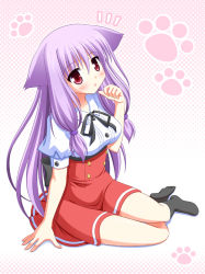 Rule 34 | animal ears, cat ears, hinata keiichi, kiriya nozomi, mayoi neko overrun!, red eyes, ribbon, long hair, purple hair, school uniform