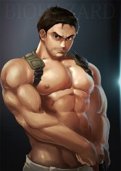 Rule 34 | 1boy, 8 (yamalu), abs, bara, chris redfield, commentary request, facial hair, frown, holding, large pectorals, male focus, mature male, muscular, muscular male, navel, nipples, pectorals, resident evil, short hair, solo, stomach, stubble, veins, veiny arms