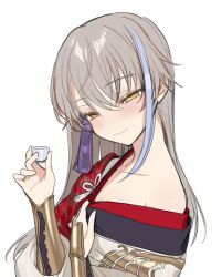 Rule 34 | 1boy, androgynous, archer (fate/samurai remnant), black hanfu, blush, bracer, chinese clothes, choko (cup), commentary, cup, fate/samurai remnant, fate (series), grey hair, hair ornament, half-closed eyes, hanfu, high ponytail, highres, holding, holding cup, long hair, looking at viewer, male focus, meimone, multicolored hair, off shoulder, ponytail, red hanfu, red robe, robe, simple background, smile, solo, streaked hair, symbol-only commentary, tassel, tassel hair ornament, trap, white background, white hair, white hanfu, yellow eyes