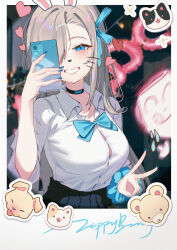 Rule 34 | 1girl, absurdres, animal ears, doodle sensei (blue archive), asuna (blue archive), black choker, blue archive, blue eyes, blue ribbon, blue skirt, blurry, blurry background, blush, breasts, cellphone, choker, collared shirt, commentary request, facial mark, fake animal ears, grin, hair over one eye, hair ribbon, hand up, highres, holding, holding phone, large breasts, light brown hair, long hair, one eye covered, phone, pleated skirt, rabbit ears, ribbon, scrunchie, selfie, sensei (blue archive), shirt, shirt tucked in, skirt, smartphone, smile, solo, tansuan (ensj3875), v, whisker markings, white shirt, wrist scrunchie