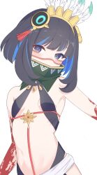 Rule 34 | 1girl, bare shoulders, black hair, blood, blood on hands, blue hair, bracer, breasts, colored inner hair, detached collar, facepaint, fate/grand order, fate (series), feathers, grey eyes, halterneck, headdress, high collar, highres, looking at viewer, multicolored hair, navel, qusouzu mogari, sash, short hair, sidelocks, small breasts, solo, tassel, tenochtitlan (fate), tenochtitlan (first ascension) (fate)