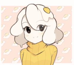 Rule 34 | 1girl, black eyes, chocomiru, closed mouth, egg, egg (food), egg (lemyawn), eyebrows, eyebrows hidden by hair, food, fried egg, long sleeves, looking at viewer, medium hair, one-piece swimsuit, original, ribbed sweater, smile, solo, sweater, swimsuit, turtleneck, turtleneck sweater, upper body, white hair, yellow one-piece swimsuit