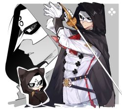 Rule 34 | 1boy, absurdres, ace attorney, ascot, black cape, cape, closed mouth, gloves, highres, holding, holding sword, holding weapon, hood, hood up, hooded cape, jacket, kazuma asogi, long sleeves, male focus, mask, multiple boys, pants, parted lips, red ascot, simple background, siomeronpan17, spoilers, sword, the great ace attorney, the great ace attorney 2: resolve, weapon, white gloves