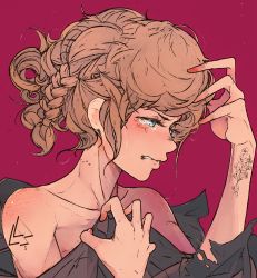 Rule 34 | 1girl, bare shoulders, blush, braid, brown hair, collarbone, elliemaplefox, hands up, highres, original, parted lips, profile, red background, short hair, simple background, solo, tattoo, tears
