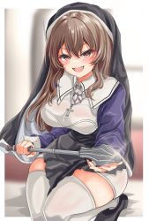 Rule 34 | 1girl, adapted costume, ashigara (kancolle), black footwear, blush, breasts, brown eyes, brown hair, fang, highres, kantai collection, kasashi (kasasi008), large breasts, long hair, long sleeves, open mouth, shoes, smile, solo, thighhighs, white thighhighs