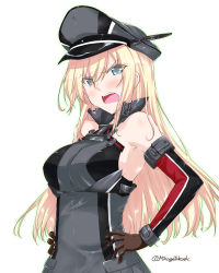Rule 34 | 1girl, anchor hair ornament, armor, bismarck (kancolle), blonde hair, blue eyes, breastplate, breasts, detached sleeves, gloves, hair ornament, hat, kantai collection, large breasts, long hair, looking at viewer, mikage takashi, military, military hat, military uniform, open mouth, peaked cap, simple background, solo, tsundere, uniform, white background