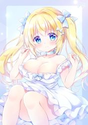 Rule 34 | armpits, arms up, ass, blonde hair, blue eyes, blush, breasts, breasts out, chiika (cure cherish), cleavage, collarbone, commission, dress, frilled dress, frilled sleeves, frills, hair between eyes, hair ornament, hair ribbon, hairpin, hands up, highres, large breasts, light blue background, long hair, looking at viewer, medium breasts, no bra, no panties, original, ribbon, sitting, skeb commission, solo, sundress, twintails, very long hair, white dress