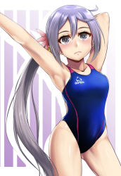 Rule 34 | 1girl, absurdres, akebono (kancolle), alternate breast size, armpits, arms up, bell, blue one-piece swimsuit, breasts, collarbone, competition swimsuit, cowboy shot, flower, hair bell, hair flower, hair ornament, highres, jingle bell, kantai collection, long hair, looking at viewer, one-piece swimsuit, purple background, purple eyes, purple hair, shadow, side ponytail, small breasts, solo, standing, stretching, swimsuit, two-tone background, very long hair, white background, yellow quokka