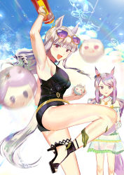 Rule 34 | 2girls, absurdres, animal ears, arm up, ball, black footwear, black one-piece swimsuit, breasts, casual one-piece swimsuit, dress, eyewear on head, gold ship (run revolt launcher) (umamusume), gold ship (umamusume), high heel sandals, high heels, highres, holding, holding ball, holding water gun, horse ears, horse girl, horse tail, jewelry, lens flare, long hair, looking at viewer, medium breasts, mejiro mcqueen (ripple fairlady) (umamusume), mejiro mcqueen (umamusume), momo (momom0 c), motion blur, multiple girls, necklace, one-piece swimsuit, open mouth, purple hair, sandals, sideboob, smile, solo focus, standing, standing on one leg, sunglasses, swimsuit, tail, umamusume, v-shaped eyebrows, water, water gun