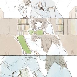 Rule 34 | 1boy, 1girl, 4koma, backlighting, black hair, blunt bangs, book, bookshelf, closed mouth, collared shirt, comic, couple, dot nose, expressionless, from below, from side, hand up, hands up, hetero, indoors, itunohika, kiss, library, looking down, medium hair, motion lines, open book, open hand, original, outline, parted lips, pov, profile, reading, school uniform, shirt, short sleeves, silent comic, tareme, upper body, waving, wavy hair, white shirt, wing collar, wristband