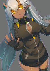 Rule 34 | 1girl, black gloves, black thighhighs, blush, bow, breasts, cleavage, dark-skinned female, dark skin, female focus, fingerless gloves, gloves, grey background, hair bow, horns, jacket, katsudansou, large breasts, long hair, looking at viewer, open mouth, original, ouhana, pointy ears, silver hair, simple background, solo, thighhighs, track jacket, twintails, unzipped, very long hair, yellow eyes