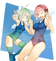 Rule 34 | + +, 2girls, ;), ;d, bad id, bad pixiv id, bow, character request, cloud, day, green eyes, green hair, hairband, holding hands, multiple girls, nakahara (takayama toshinori), one-piece swimsuit, one eye closed, open mouth, original, pink eyes, pink hair, school swimsuit, short hair, skirt, sky, smile, swimsuit, takayama toshinori, thighhighs, v, wink