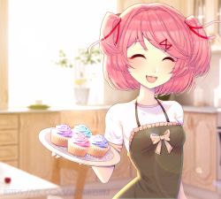 Rule 34 | 1girl, :d, ^ ^, apron, black apron, blurry, blurry background, blush, casual, closed eyes, commentary, cupcake, day, dead temple, doki doki literature club, facing viewer, fang, food, frilled apron, frills, hair ribbon, happy, highres, holding, holding plate, indoors, natsuki (doki doki literature club), open mouth, pink hair, plate, red ribbon, ribbon, short hair, short sleeves, smile, solo, swept bangs, two side up