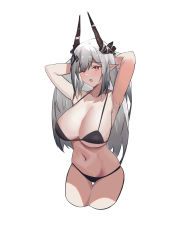 Rule 34 | 1girl, ;o, absurdres, arknights, armpits, arms up, bare arms, bare shoulders, bikini, black bikini, blush, breasts, chinese commentary, collarbone, commentary request, cropped legs, highres, horns, large breasts, long hair, mudrock (arknights), navel, one eye closed, open mouth, partial commentary, pointy ears, red eyes, sanmu, silver hair, simple background, solo, stomach, swimsuit, white background