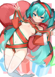 Rule 34 | 1girl, :&lt;, absurdres, aqua hair, blue eyes, blush, christmas, closed mouth, commentary, detached sleeves, fur-trimmed sleeves, fur trim, gift wrapping, groin, hair between eyes, hands up, hatsune miku, highres, long hair, looking at viewer, navel, no shoes, nude, onkyi, red sleeves, solo, thighhighs, twintails, vocaloid, white thighhighs, wrapped up
