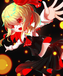 Rule 34 | 1girl, absurdres, black background, black skirt, black vest, blonde hair, collared shirt, cowboy shot, dark background, fang, hair between eyes, highres, huang j xuan, long sleeves, looking at viewer, medium hair, navel, open mouth, red eyes, rumia, shirt, simple background, skin fang, skirt, solo, t-pose, touhou, touhou cannonball, vest, white shirt