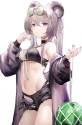 Rule 34 | 1girl, animal ears, arknights, bare shoulders, bikini, black bikini, black choker, black jacket, black shorts, breasts, choker, cutoffs, eyewear on head, gnai, hand up, highres, jacket, lin (arknights), long hair, long sleeves, looking at viewer, medium breasts, mouse ears, navel, off shoulder, official alternate costume, open clothes, open fly, open jacket, ponytail, purple eyes, short shorts, shorts, simple background, solo, stomach, string bikini, sunglasses, swimsuit, thighs, very long hair, white background, white hair
