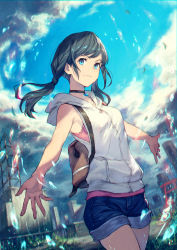 Rule 34 | 1girl, amano hina (tenki no ko), backpack, bag, bare arms, bare shoulders, black choker, black hair, blue eyes, blue sky, blurry, blurry background, bra, breasts, building, choker, city, closed mouth, collarbone, commentary request, cowboy shot, day, denim, denim shorts, depth of field, gem, highres, hood, hood down, hoodie, kusano shinta, long hair, looking at viewer, low twintails, outdoors, pink bra, short shorts, shorts, sky, sleeveless, sleeveless hoodie, small breasts, smile, solo, splashing, tareme, tenki no ko, twintails, underwear, water drop