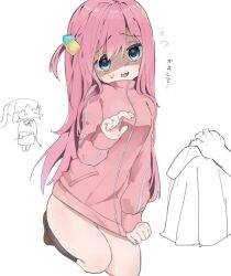 Rule 34 | 2girls, bare legs, black socks, blue eyes, bocchi the rock!, doodle, embarrassed, full body, gotoh hitori, hair ornament, hood, hoodie, ijichi nijika, japanese text, long sleeves, multiple girls, no panties, no pants, pink hair, pink hoodie, pink track suit, pleated skirt, pulling clothes, shaded face, simple background, sketch, skirt, socks, thick thighs, thighs, translation request, unitedunti, white background