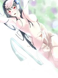 Rule 34 | 10s, 1girl, armpits, arms up, bad id, bad pixiv id, black hair, blood, blush, breasts, cuts, deep wound, dutch angle, flower, hair flower, hair ornament, injury, long hair, looking at viewer, lying, nude, open mouth, red eyes, sanka rea, sankarea, sexysinsi2, solo, stitches