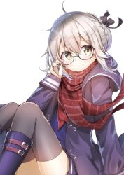 Rule 34 | 1girl, artoria pendragon (fate), black-framed eyewear, black bow, black coat, black thighhighs, blue footwear, blue shirt, blue skirt, blush, boots, bow, braid, closed mouth, coat, commentary request, fate/grand order, fate (series), fingernails, glasses, hair between eyes, hair bow, hair bun, himemiya shuang, hood, hood down, hooded coat, knee boots, long sleeves, mysterious heroine x alter (fate), mysterious heroine x alter (first ascension) (fate), neckerchief, pleated skirt, red neckerchief, red scarf, scarf, semi-rimless eyewear, shirt, silver hair, simple background, single hair bun, sitting, skirt, smile, solo, thighhighs, thighhighs under boots, under-rim eyewear, white background