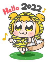 Rule 34 | 1girl, 2022, :3, animal print, basket, bkub, blush stickers, chinese zodiac, clenched hand, commentary, dot nose, full body, holding, holding basket, hood, hood up, hooded coat, musical note, orange footwear, orange hair, poptepipic, popuko, shirt, shoes, short hair, short twintails, simple background, skipping, socks, solo, tiger print, twintails, two side up, white background, white shirt, white socks, year of the tiger, yellow eyes