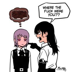 2girls anger_vein black_dress black_hair cake chainsaw_man closed_mouth commentary dress earrings english_commentary english_text fami_(chainsaw_man) food fourth_east_high_school_uniform highres image_in_thought_bubble jewelry long_hair mitaka_asa mole mole_under_eye mole_under_mouth multiple_girls multiple_moles open_mouth pinafore_dress pink_eyes pointing pointing_at_another profanity purple_hair school_uniform shirt short_hair simple_background sleeveless sleeveless_dress speech_bubble thenumbnin thought_bubble white_background white_shirt