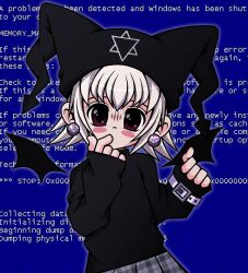 Rule 34 | 1girl, absurdres, bat wings, belt, black hat, black sleeves, blue screen of death, blush stickers, brown eyes, commentary, cryptidhermit, earrings, english commentary, english text, grey belt, hat, hexagram, highres, jester cap, jewelry, long sleeves, mayura, plaid, plaid skirt, pointing, pointing at self, short hair, skirt, sleeves past wrists, solo, ukagaka, white hair, wings, wrist belt