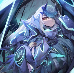 Rule 34 | 1girl, armor, armored dress, blue armor, blue dress, blue thighhighs, breastplate, breasts, dress, melusine (fate), melusine (first ascension) (fate), fate/grand order, fate (series), faulds, forked eyebrows, highres, long hair, looking at viewer, m0 chi, mask, pauldrons, short dress, shoulder armor, sidelocks, small breasts, solo, thighhighs, thighs, white hair, yellow eyes