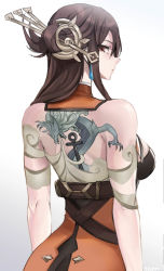 Rule 34 | 1girl, arms at sides, back, back focus, back tattoo, beidou (genshin impact), brown hair, dragon tattoo, from behind, genshin impact, hair ornament, highres, looking back, solo, tattoo, tommy (kingdukeee), upper body