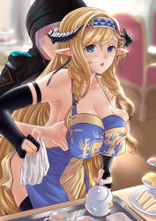 Rule 34 | 1girl, 1other, absurdres, apron, arknights, arm strap, bare shoulders, black gloves, black jacket, black thighhighs, blonde hair, blue apron, blue eyes, blue hairband, blurry, blurry background, braid, grabbing another&#039;s breast, breasts, chair, chinese commentary, cleavage, commentary request, cowboy shot, cup, doctor (arknights), elbow gloves, fingerless gloves, food, gloves, grabbing, grabbing from behind, hair between eyes, hairband, highres, holding, holding teapot, hood, hooded jacket, horns, indoors, jacket, kingdom of victoria logo, linjinghai, long hair, looking at viewer, naked apron, parted lips, pointy ears, saileach (arknights), sandwich, silver hair, standing, teacup, teapot, thighhighs, twin braids, very long hair