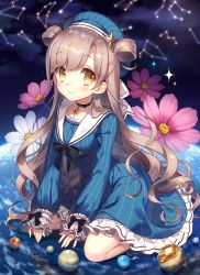 Rule 34 | 1girl, beret, black bow, blue dress, blue hat, blush, bow, brown eyes, brown hair, capricorn (constellation), closed mouth, comitia, commentary request, constellation, dress, fingernails, flower, full body, hair rings, hat, light brown hair, long hair, long sleeves, looking at viewer, marble (toy), masaru.jp, original, pink flower, pinstripe dress, pinstripe pattern, planet, sailor collar, sailor dress, sitting, sleeves past wrists, smile, solo, sparkle, striped clothes, striped dress, striped headwear, two side up, vertical-striped clothes, vertical-striped dress, vertical-striped headwear, vertical-stripes, very long hair, wariza, white sailor collar