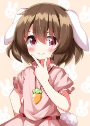 Rule 34 | 1girl, animal ears, brown hair, carrot necklace, closed mouth, dress, hand up, highres, inaba tewi, jewelry, looking at viewer, necklace, pink background, pink dress, pink eyes, rabbit ears, ruu (tksymkw), short hair, simple background, smile, solo, touhou, v-shaped eyebrows