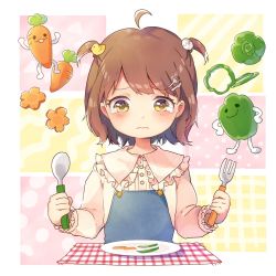 Rule 34 | 1girl, ahoge, bird hair ornament, blush, brown eyes, brown hair, carrot, child, closed mouth, collared shirt, commentary request, egg hair ornament, food-themed hair ornament, fork, fork hair ornament, frilled shirt collar, frilled sleeves, frills, green pepper, hair ornament, highres, holding, holding fork, holding spoon, long sleeves, original, overalls, plaid, plate, shiramori sawa, shirt, solo, spoon, tears, two side up, wavy mouth, white shirt