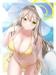Rule 34 | 1girl, awono nanaumi, bikini, blue archive, breasts, closed mouth, collarbone, green eyes, halo, hat, highres, holding, holding swim ring, innertube, large breasts, light brown hair, long hair, looking at viewer, navel, nonomi (blue archive), nonomi (swimsuit) (blue archive), official alternate costume, smile, solo, sun hat, swim ring, swimsuit, yellow bikini