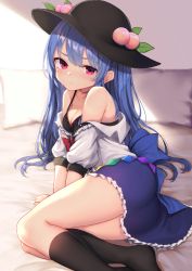 Rule 34 | 1girl, arm support, ass, bare shoulders, bed, black bra, black headwear, black socks, blue hair, blue skirt, blush, bow, bra, breasts, cleavage, commentary request, feet out of frame, food, fruit, highres, hinanawi tenshi, indoors, kneehighs, leaf, long hair, looking at viewer, medium breasts, miniskirt, no shoes, off shoulder, partial commentary, peach, petticoat, pillow, pink eyes, puffy short sleeves, puffy sleeves, red bow, shirt, short sleeves, sitting, skirt, socks, solo, thighs, touhou, underwear, white shirt, wowoguni