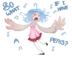 Rule 34 | 1girl, ahoge, bad deviantart id, bad id, bankage, blue hair, breasts, chemise, commentary, dark-skinned female, dark skin, music, original, oversized forearms, oversized limbs, red eyes, rosalind (bankage), singing, skirt, small breasts, solo, stitches, thighhighs, white thighhighs, zombie