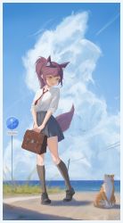 Rule 34 | 1girl, absurdres, aged down, animal ear fluff, animal ears, bag, bird, black footwear, black hair, black skirt, black socks, boat, breasts, cat, cloud, collared shirt, day, dress shirt, fang, fox ears, fox girl, fox tail, frost 002, full body, green eyes, hair between eyes, highres, kneehighs, loafers, long hair, long sleeves, looking at another, looking down, medium breasts, meridian project, miniskirt, necktie, ocean, open mouth, outdoors, pleated skirt, ponytail, red necktie, road sign, school bag, school uniform, seki (vtuber), shirt, shoes, sign, skin fang, skirt, sleeves pushed up, smile, socks, solo, standing, tail, virtual youtuber, watercraft, white shirt