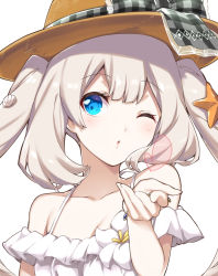 Rule 34 | 1girl, ;o, blonde hair, blowing kiss, blue eyes, bow, bracelet, commentary request, covering own mouth, fate/grand order, fate (series), frilled shirt, frills, hat, hat bow, hat ribbon, heart, jewelry, kiss day, marie antoinette (fate), marie antoinette (fate/grand order), marie antoinette (swimsuit caster) (fate), marie antoinette (swimsuit caster) (second ascension) (fate), mitsuki meia, one eye closed, ribbon, shell hair ornament, shirt, simple background, solo, starfish hair ornament, twintails, white background