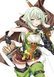 Rule 34 | 10s, 1girl, black gloves, black thighhighs, boots, bow, bow (weapon), cloak, elbow gloves, elf, gloves, goblin slayer!, green eyes, green hair, hair between eyes, hair bow, high elf archer (goblin slayer!), highres, hood, hooded cloak, kannatsuki noboru, lips, long hair, long pointy ears, low ponytail, matching hair/eyes, pointy ears, quiver, scan, short shorts, shorts, sidelocks, simple background, single elbow glove, smile, solo, thigh boots, thighhighs, very long hair, weapon, white background
