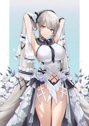 Rule 34 | 1girl, absurdres, armpits, arms up, azur lane, black bow, black hairband, black ribbon, blue background, blue flower, blue rose, bow, breasts, chromatic aberration, closed mouth, clothing cutout, cowboy shot, dress, eminya 27, flower, formidable (azur lane), formidable (timeless classics) (azur lane), gradient background, grey hair, hair ornament, hairband, highres, impossible clothes, impossible dress, large breasts, layered dress, long hair, looking at viewer, navel, navel cutout, neck ribbon, red eyes, ribbon, rose, sleeveless, sleeveless dress, solo, thighs, twintails, very long hair, waist cape, white dress