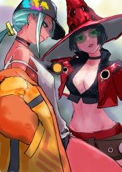 Rule 34 | 2girls, arc system works, baseball cap, black hair, blue hair, crossover, green-tinted eyewear, guilty gear, guilty gear strive, hat, highres, i-no, isla (kof), light blue hair, looking at viewer, mask, mask around neck, mole, mole above mouth, multiple girls, oversized clothes, red headwear, respirator, snk, the king of fighters, the king of fighters xv, tinted eyewear, venus symbol, witch hat, yuu (primenumber7)