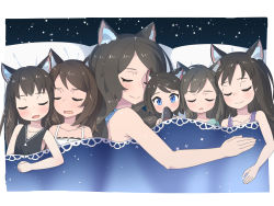 Rule 34 | 6+girls, absurdres, animal ear fluff, animal ears, bare arms, bare shoulders, black shirt, blue eyes, blush, brown hair, cat ears, cat tail, closed mouth, closed eyes, highres, long hair, lying, mao lian (nekokao), mother and daughter, multiple girls, on back, on side, original, parted lips, quintuplets, shirt, sleeping, smile, tail, aina (mao lian), under covers